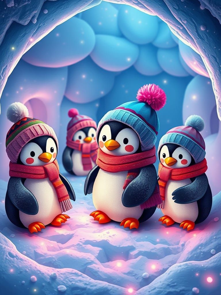 Chibi Penguins in a Neon Igloo Village