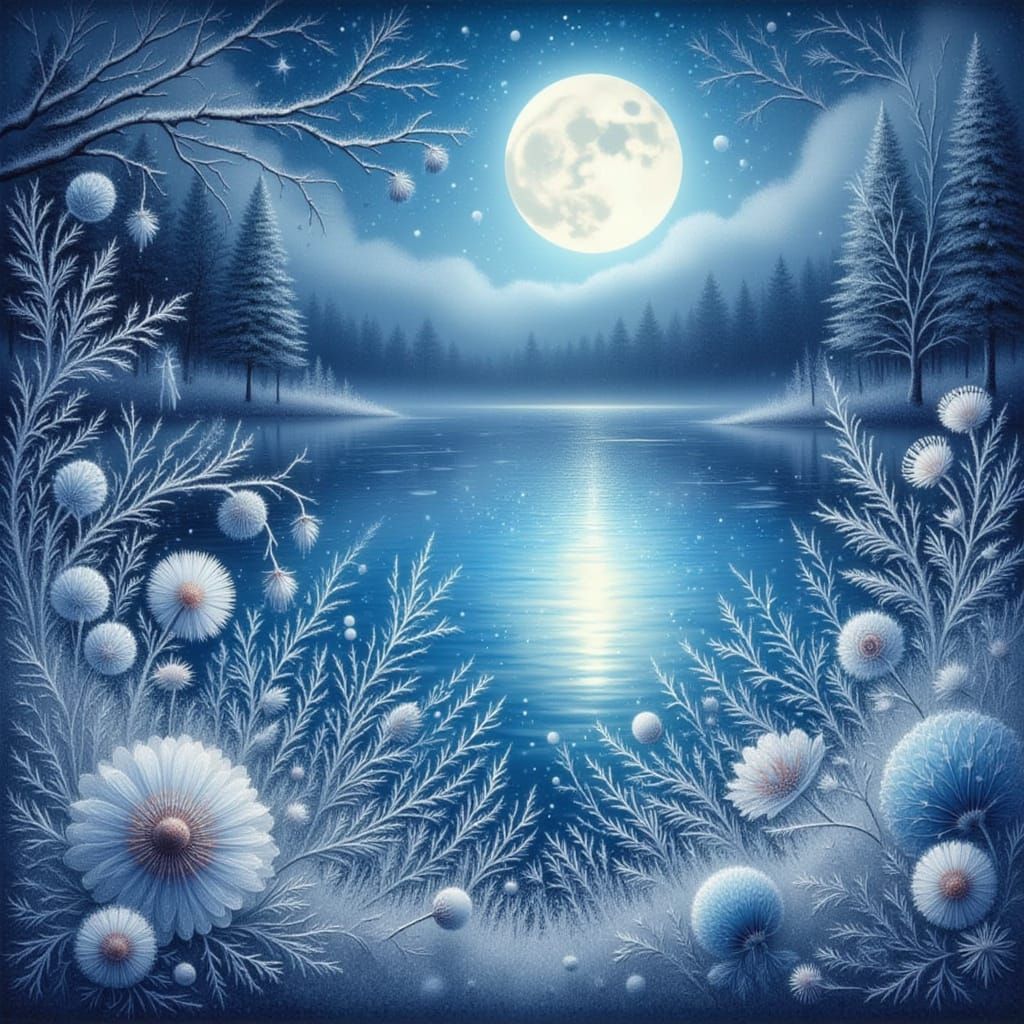 Whimsical Winter Night Lake Scene with Elven Wildflowers