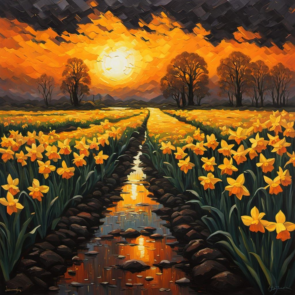 Daffodils at Sunset: Dark Fantasy Oil Painting