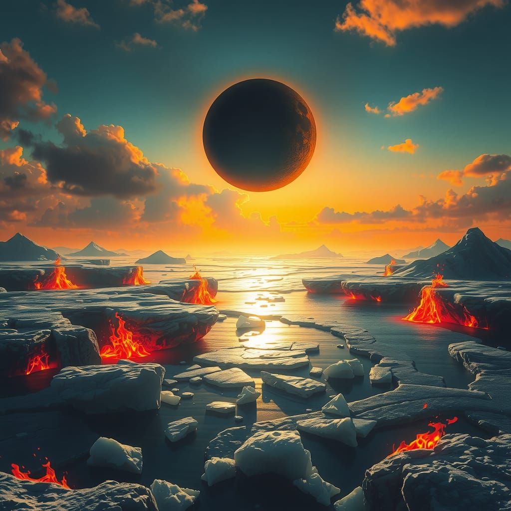 Mystical Black Sun Illuminates a Surreal Fire and Ice Landsc...