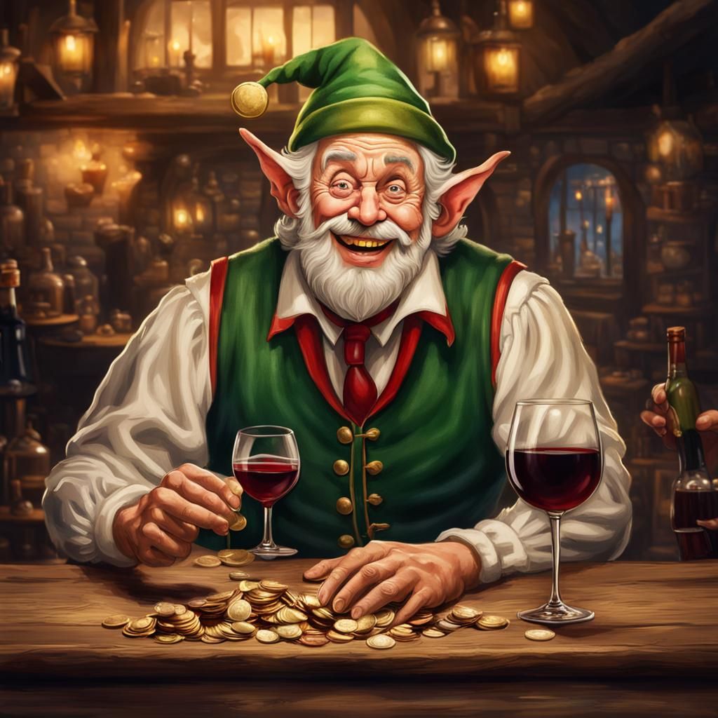 Happy Elf Flipping Coin in Tavern