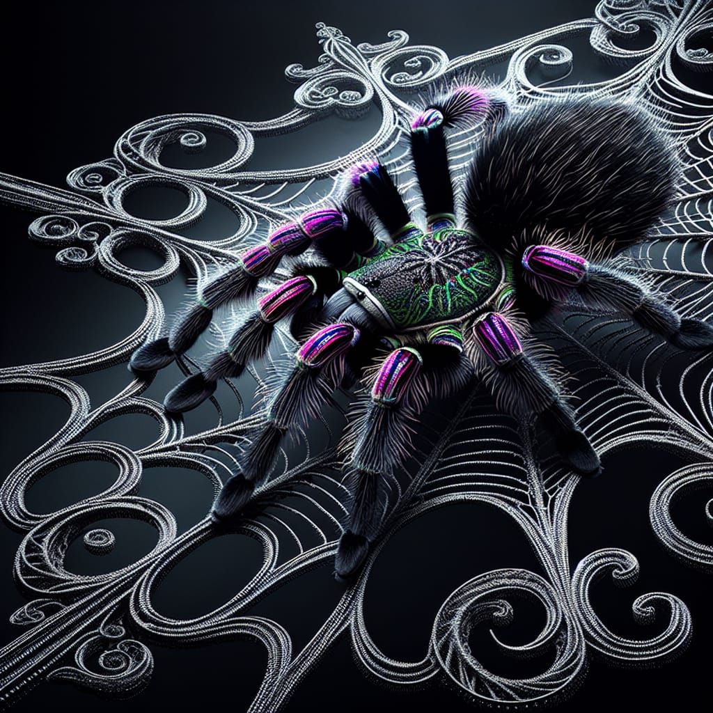 Striking Tarantula Ascends Shimmering Spider Web