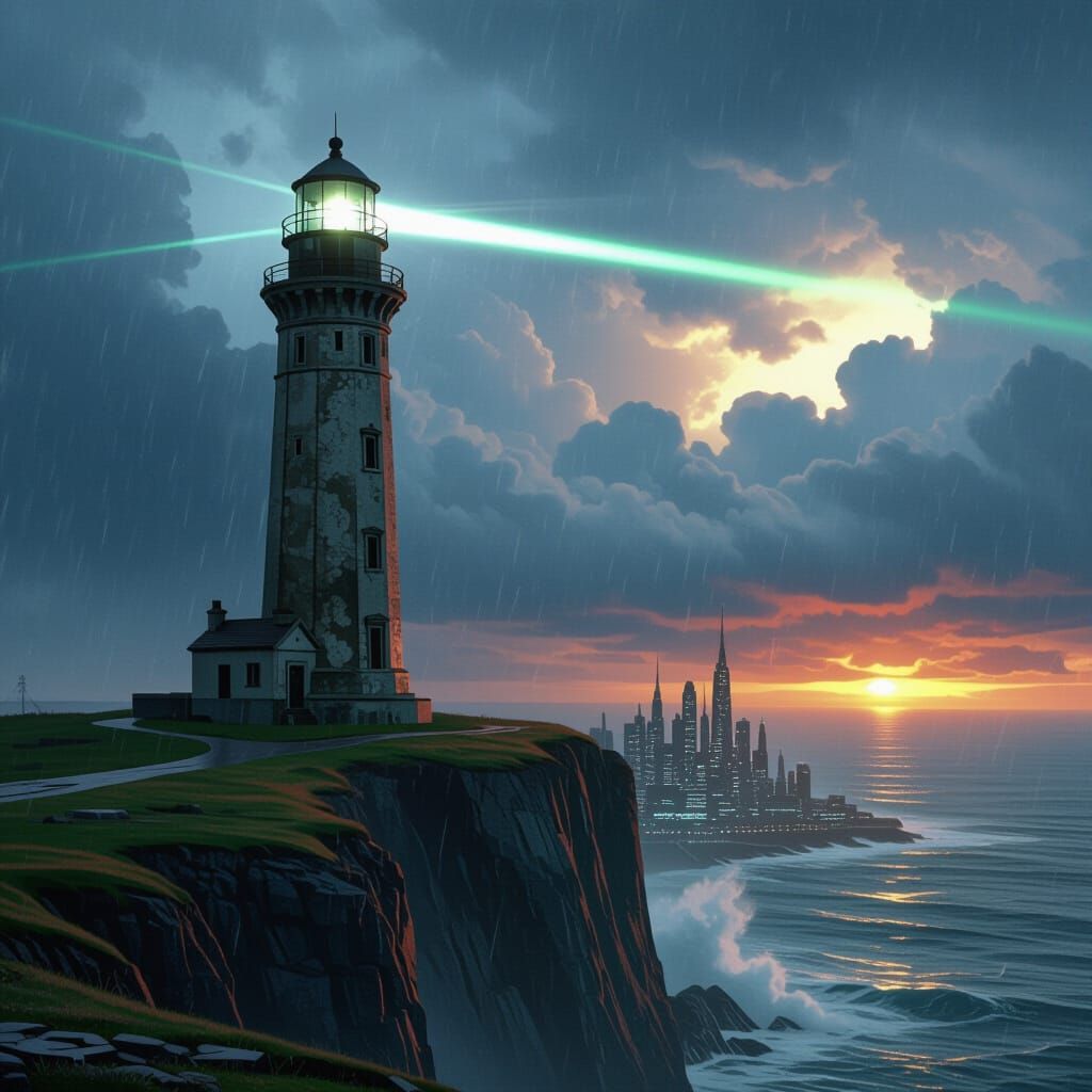 Colossal Lighthouse Laser Cuts Stormy Alien Sky