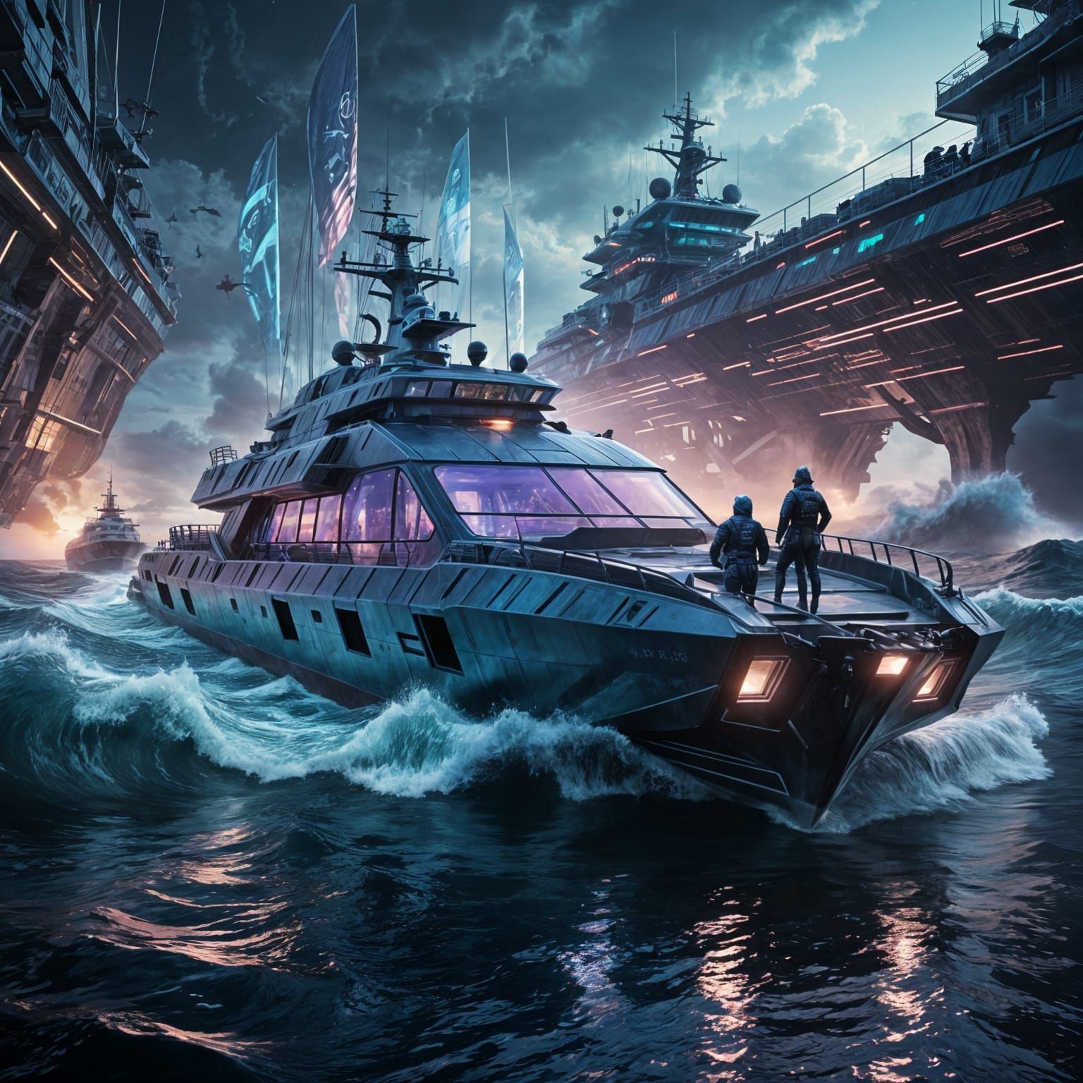 Sailors Navigate Futuristic Boats in Neon-Lit Ocean Landscap...