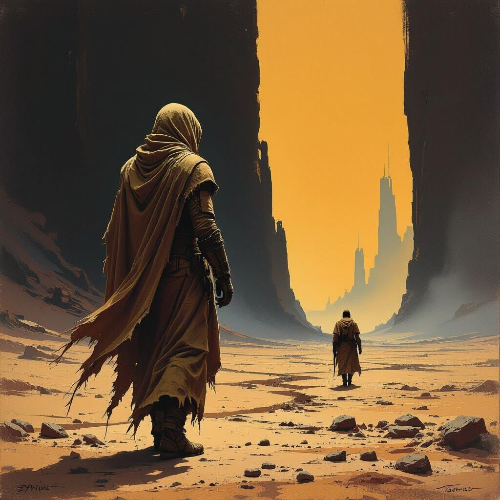 Dystopian Figure Oversees Desolate Landscape in Dramatic Sty...