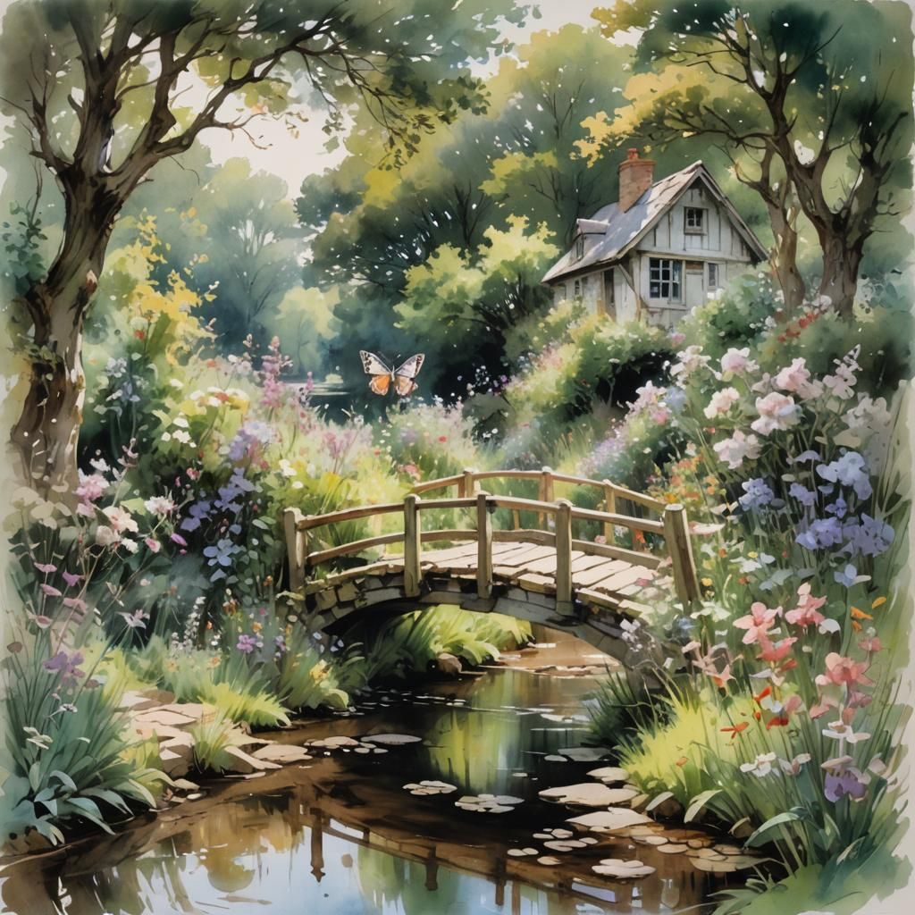 Picturesque Summer Cottage Scene with Footbridge