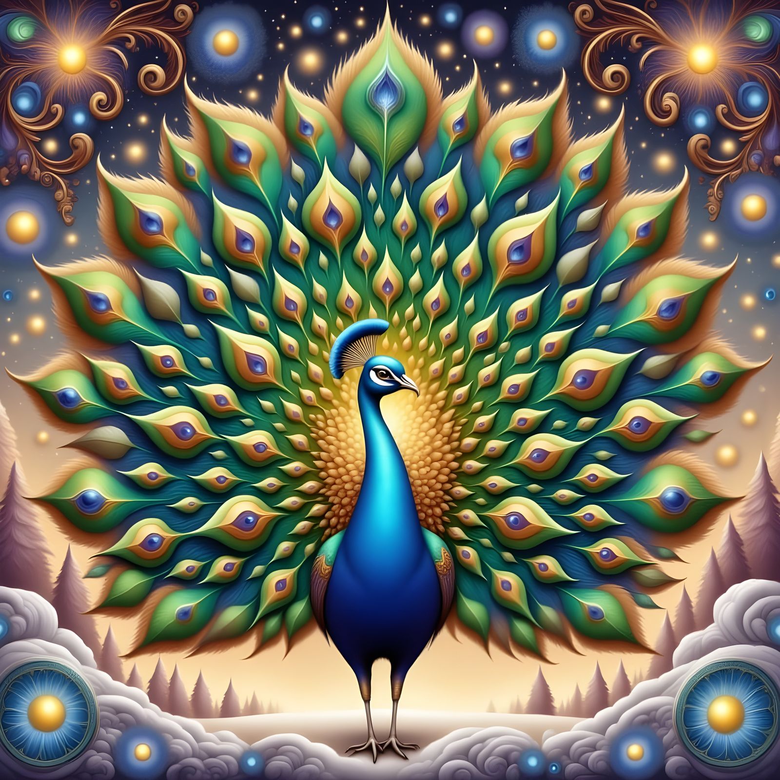 Majestic Peacock with Paisley Feathers in Storybook Style