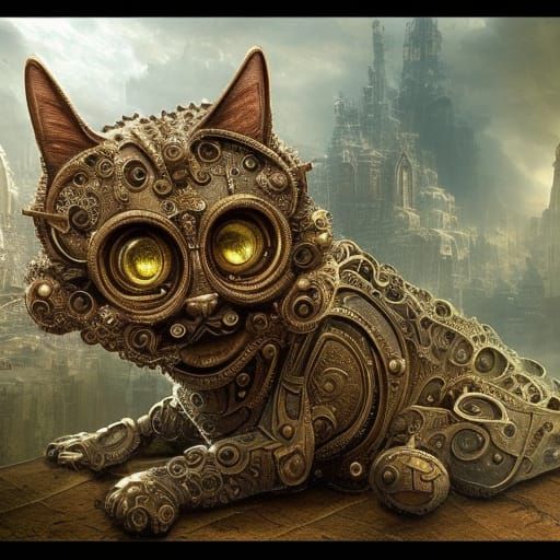Intricate Steampunk Cat: Detailed Digital Painting