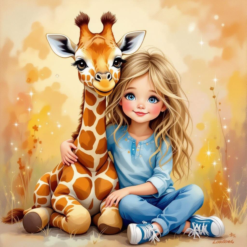Whimsical Girl Hugs Giraffe in Sparkly Winter Landscape