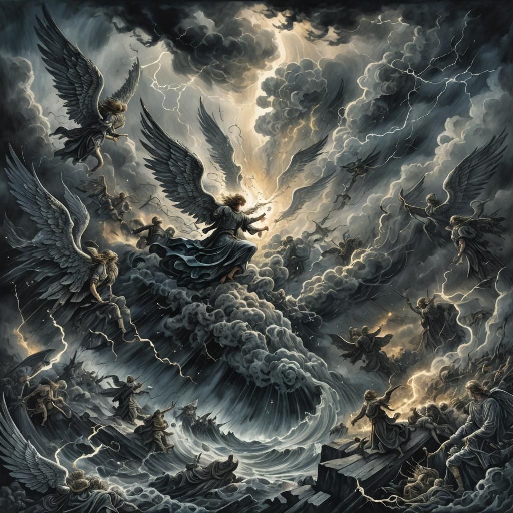 Angels Versus Demons in Stormy Sky, Dark Watercolor