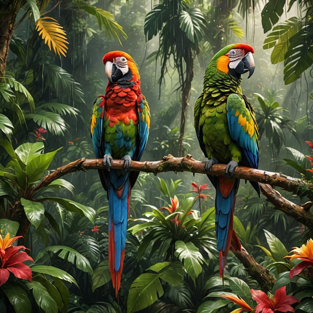Vibrant Macaws in Lush Tropical Rainforest, Splash Art