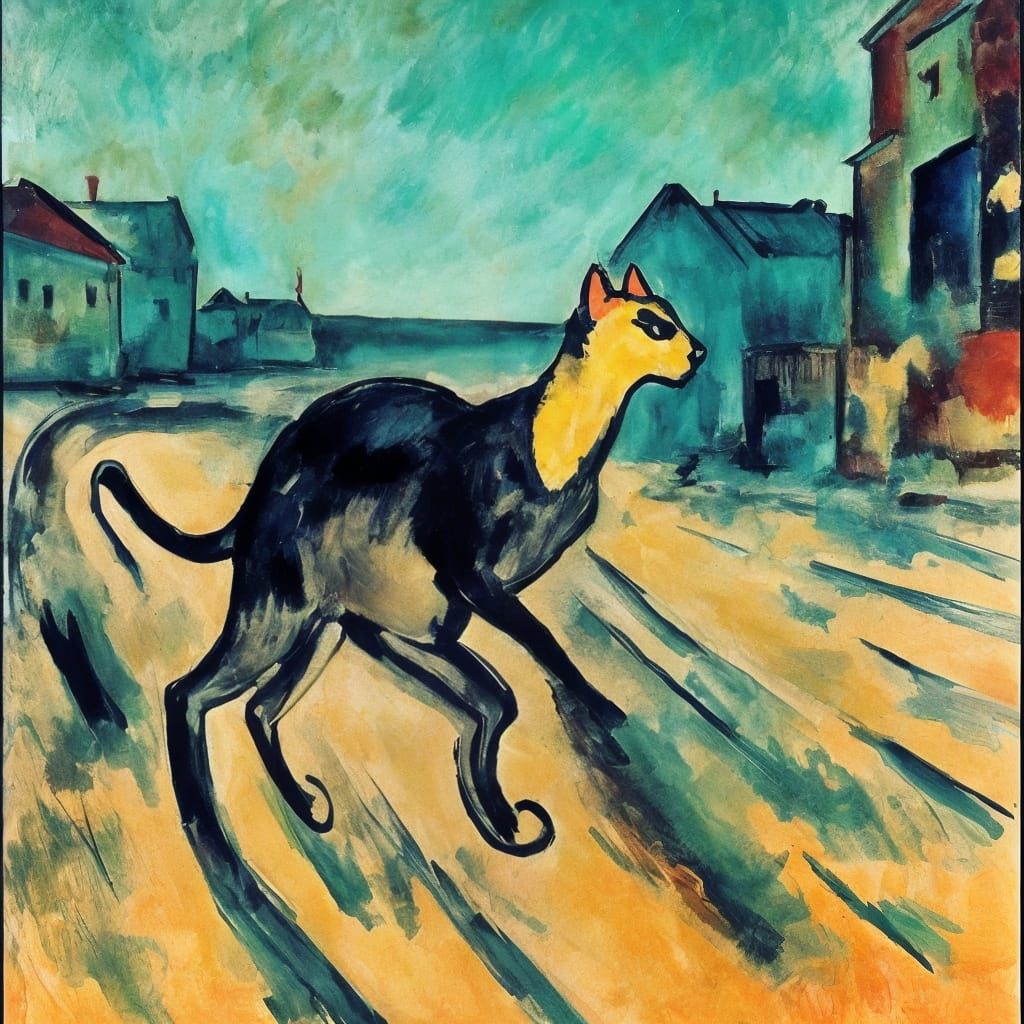 Cat Galloping in Coat: An Expressionist Painting