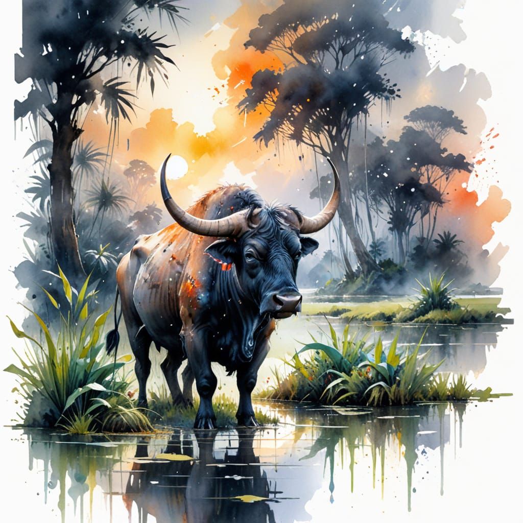 Water Buffalo in Tropical Rice Paddy at Dawn