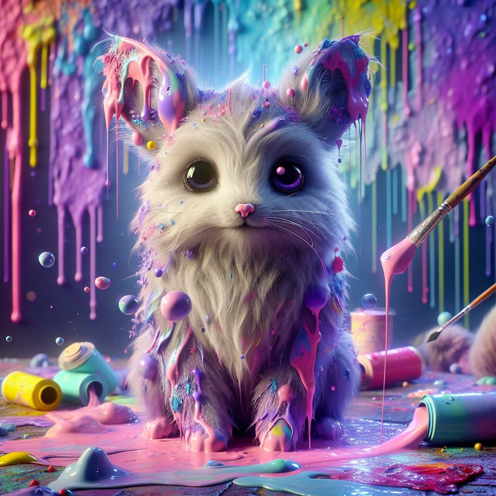 Whimsical Lilac Creature in a Vibrant Art Studio