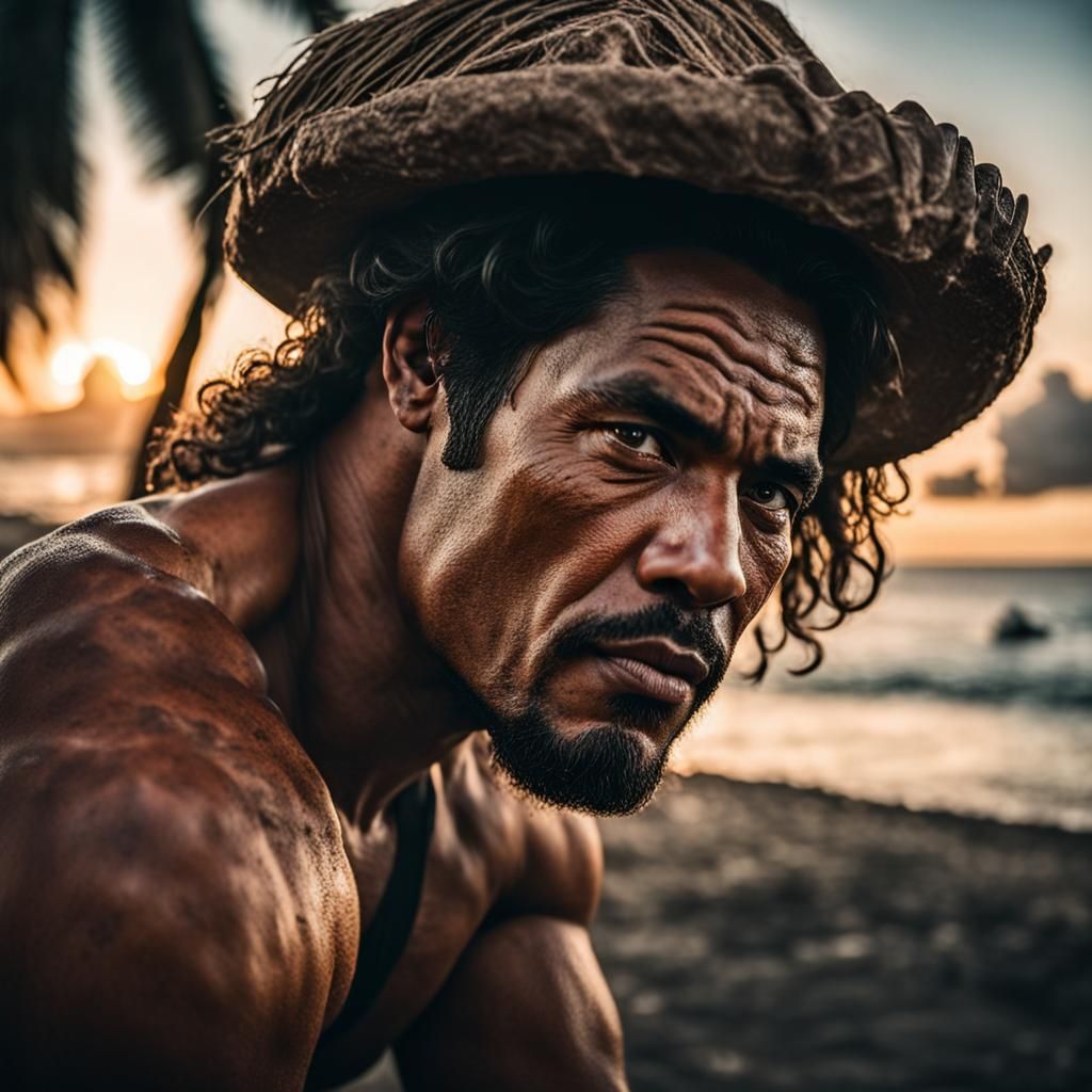 Samoan Man Overlooking Tropical Sunset, Ambient Light Portra...