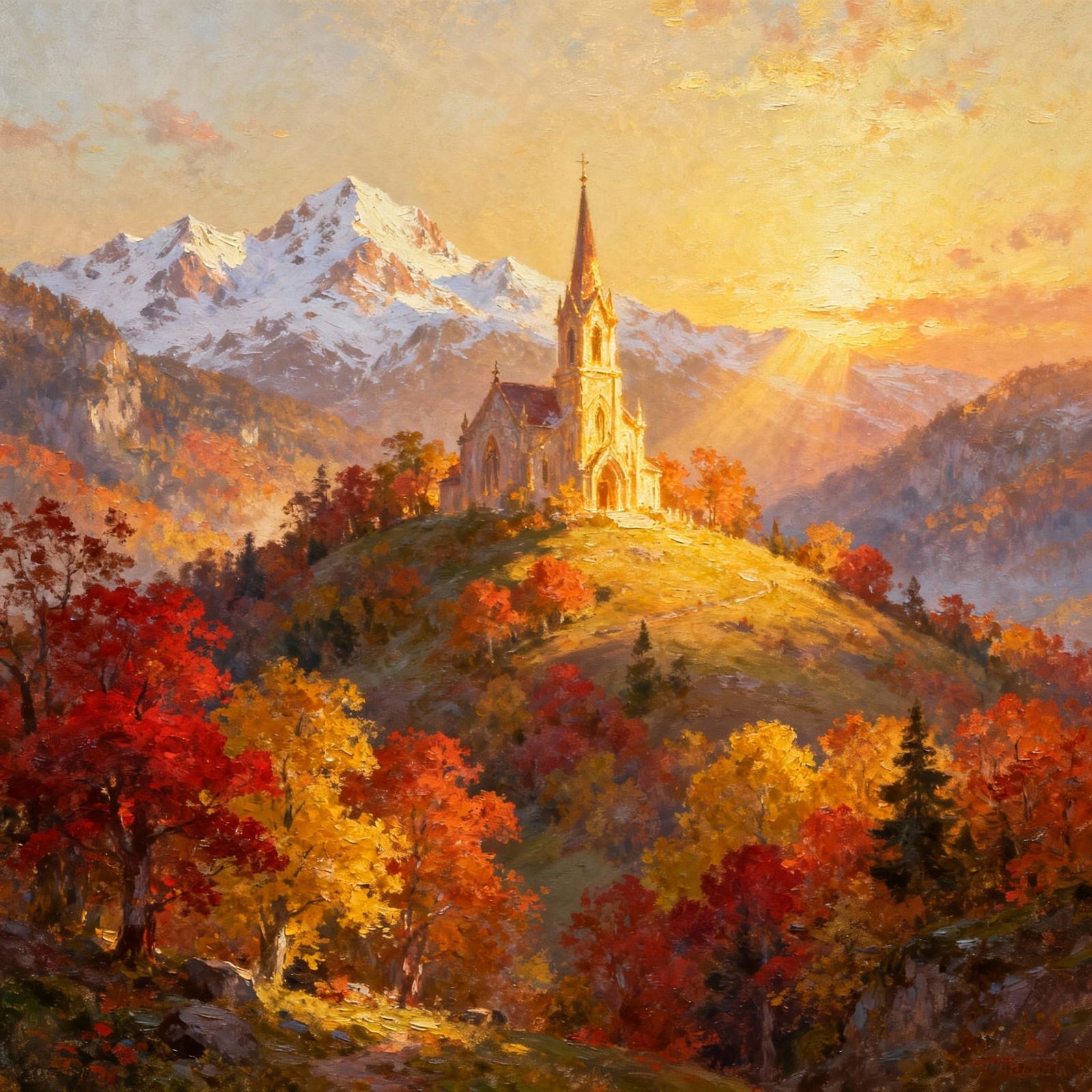 Fantasy Church Oil Painting on Hilltop with Autumn Snow Peak...