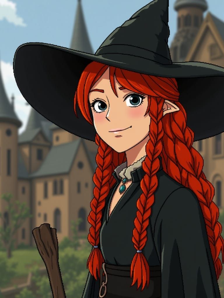 Red-Haired Witch in Old Town Macro Closeup in Pixel Art Styl...
