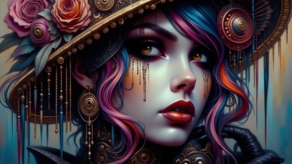 Beautiful Woman in Colorful Steampunk Style Portrait