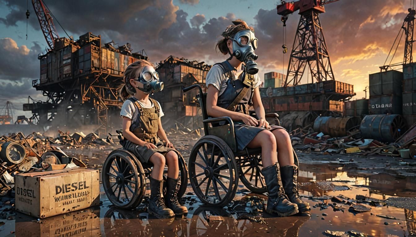 Dieselpunk Port Scene with Girl in Gas Mask