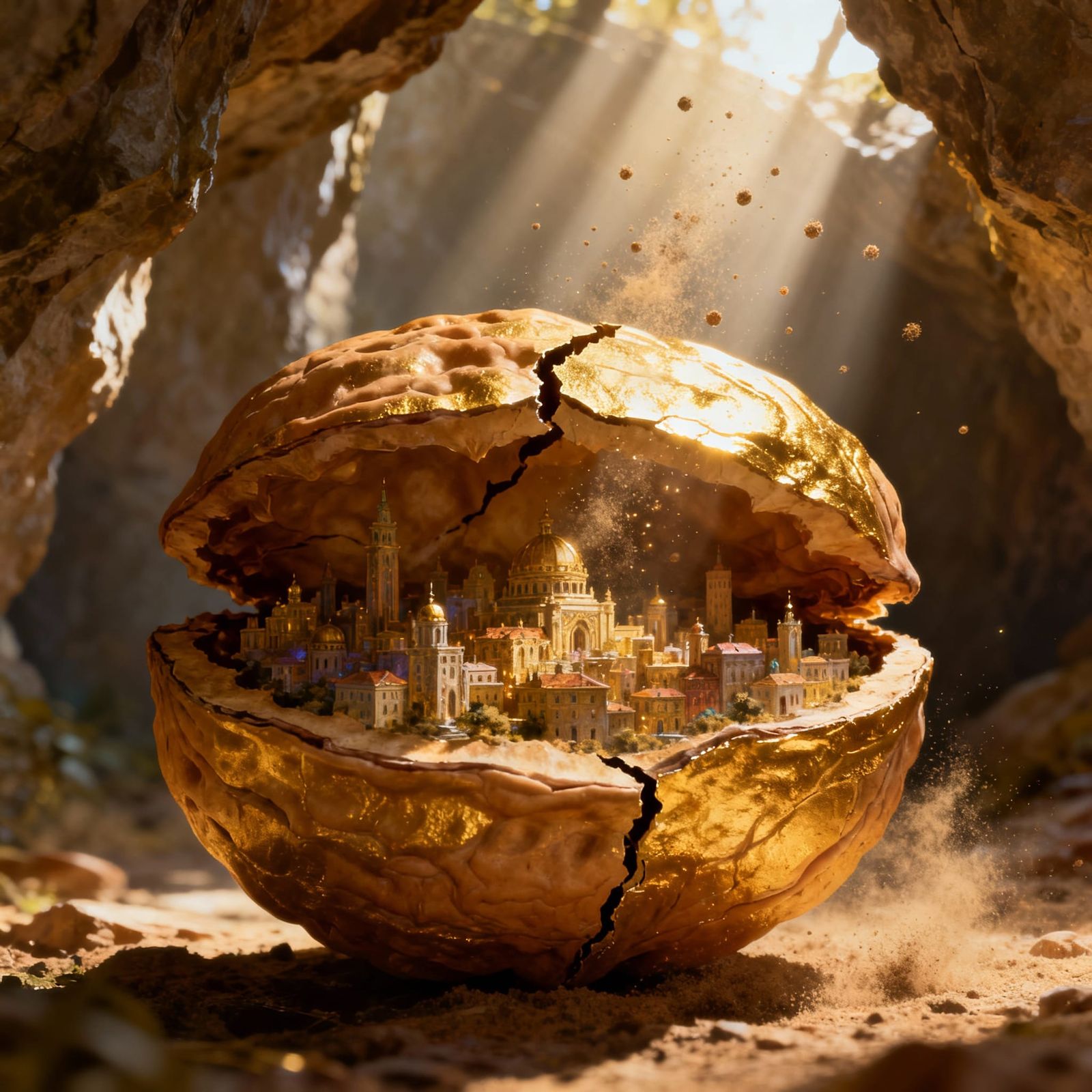 Miniature City Inside Golden Walnut Shell