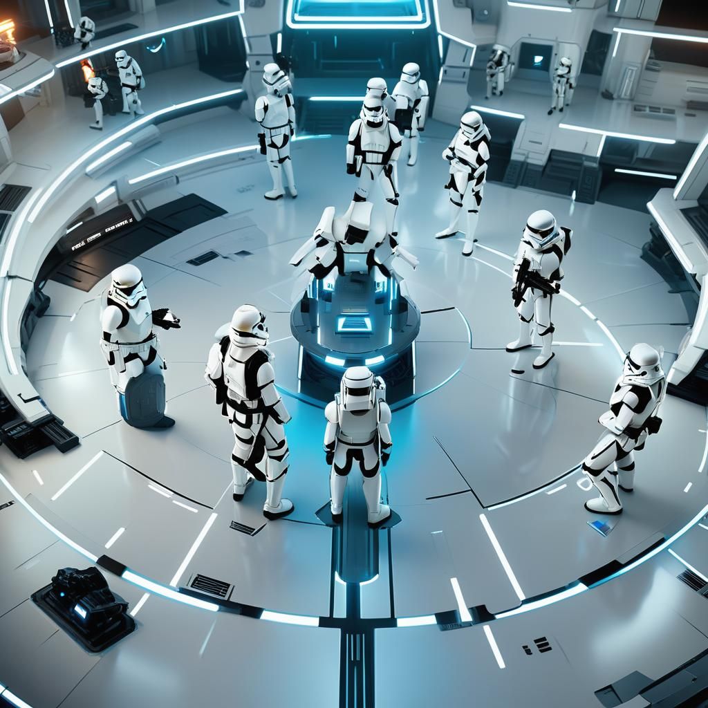 Stormtroopers on Orbital Platform in Neon Sci-Fi Art