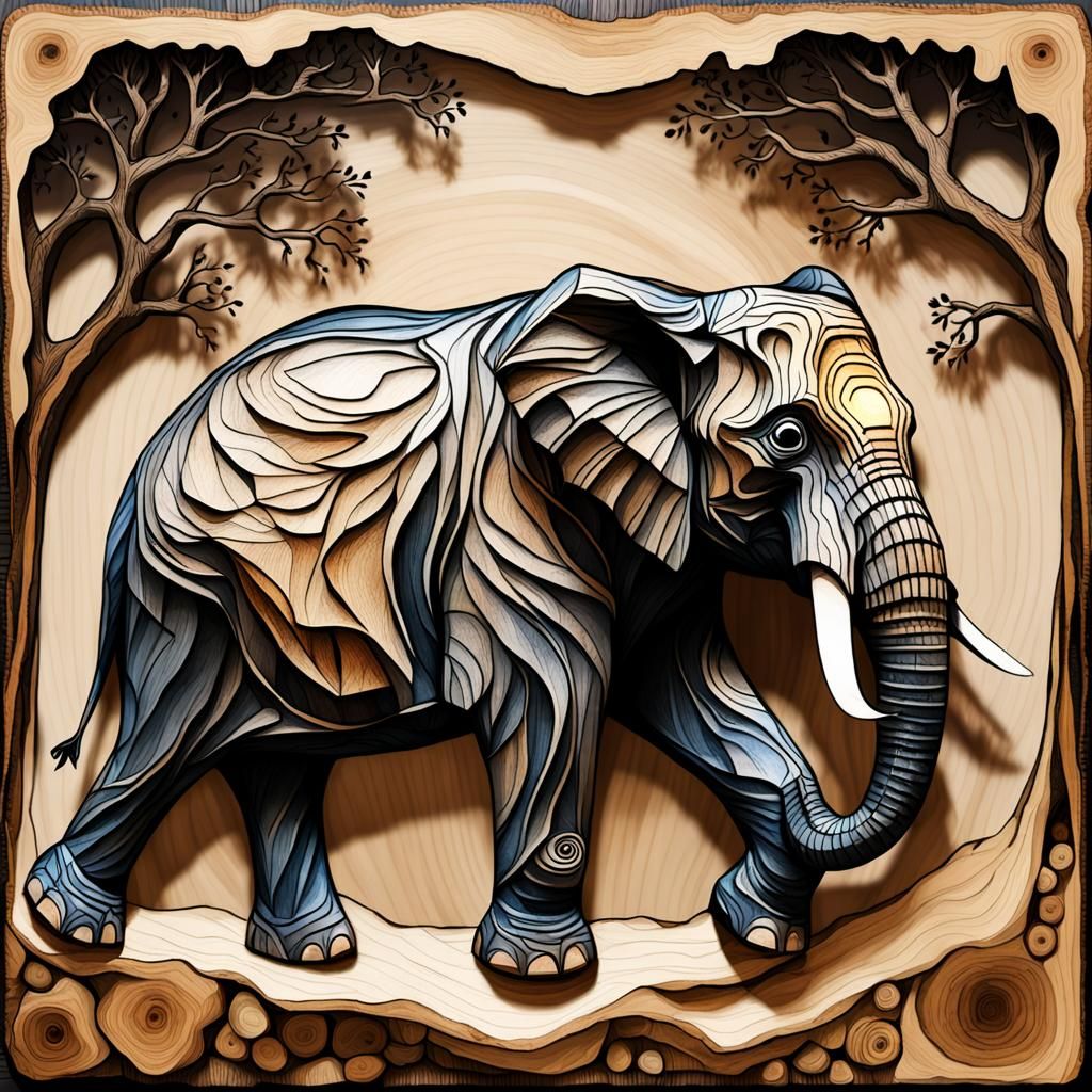 Mosaic Burned Wood Elephant in Shou Sugi Ban Style