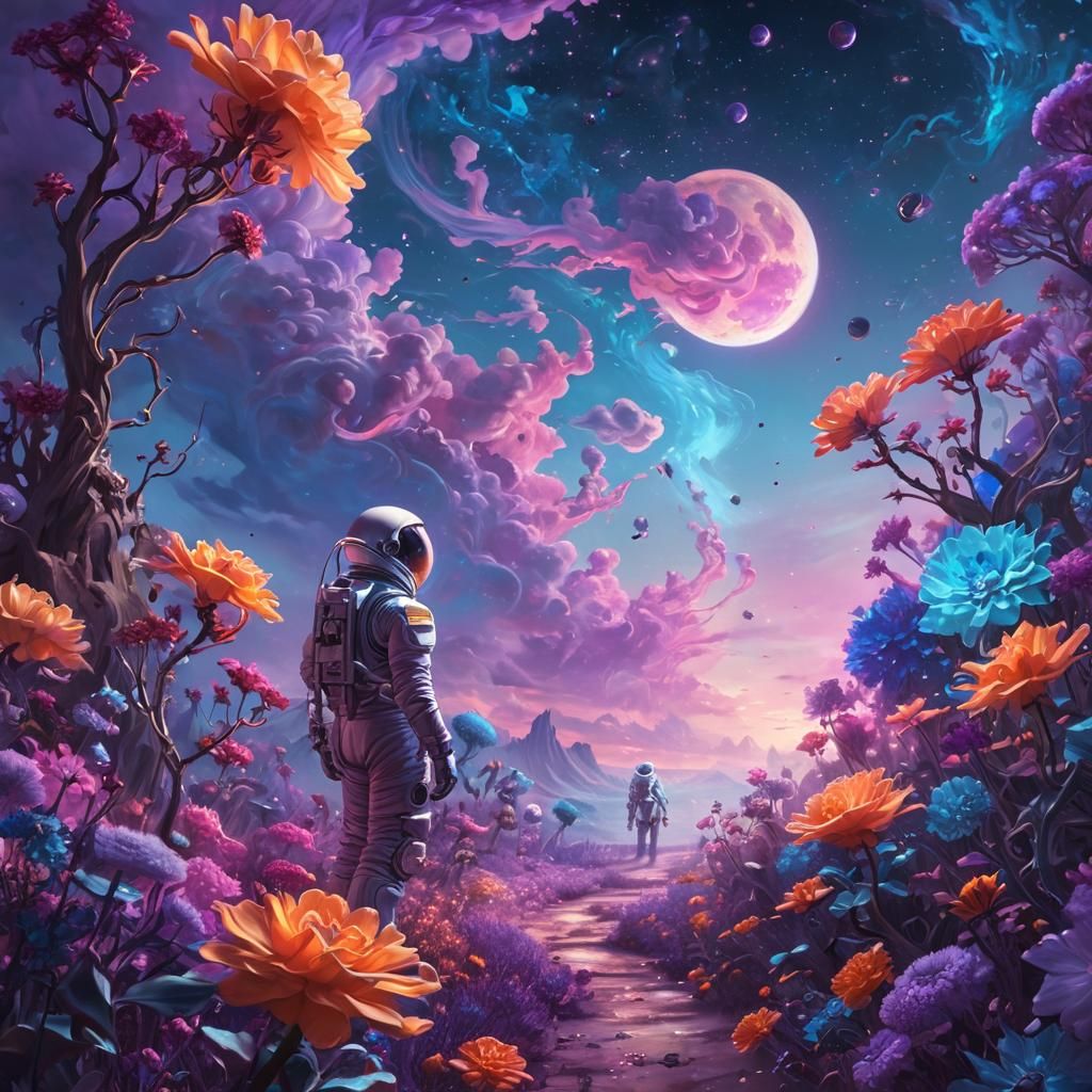 Astronaut in Cosmic Neon Garden as Oil Painting