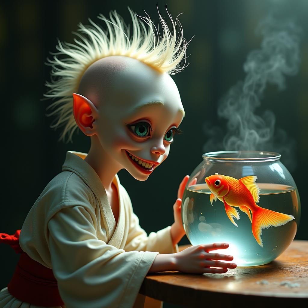 Sinister Albino Humanoid Gazing at Fish, Detailed Photograph