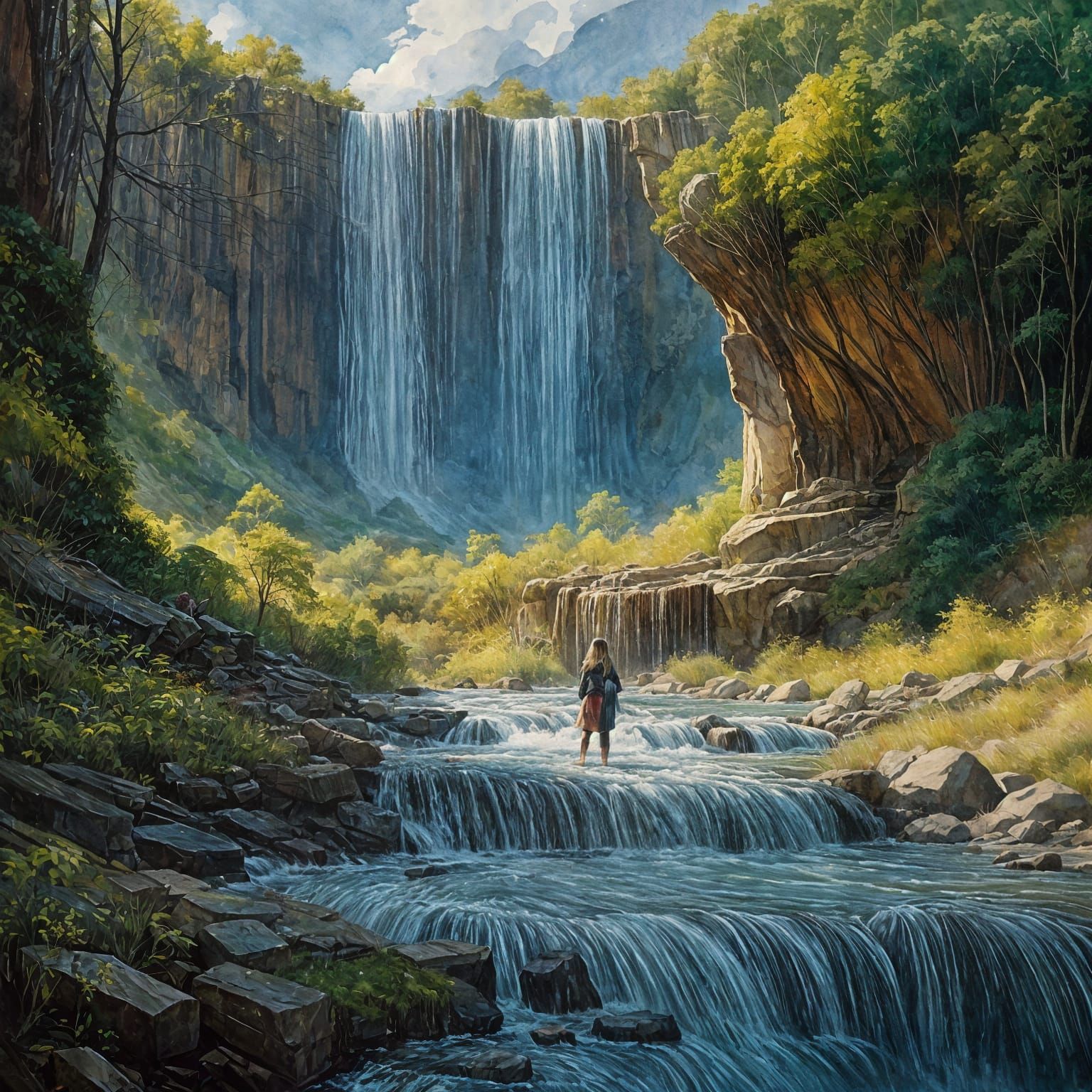 Waterfall Flows Onto Child Hair in Gouache Style