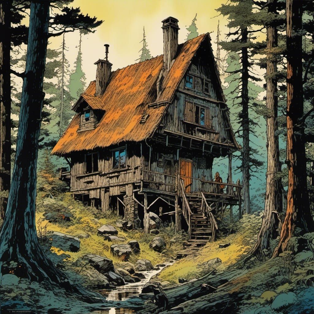 <lora:Shaman Ink:1.0> cottage in a deep, dark forest