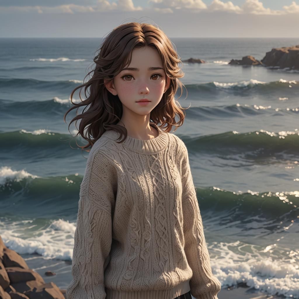 Anime Girl with Brown Hair by the Ocean