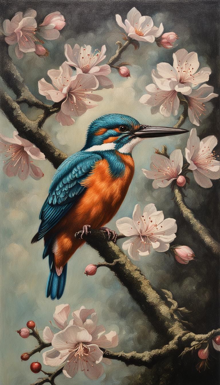 Kingfisher and Cherry Blossoms in Oil Painting Style