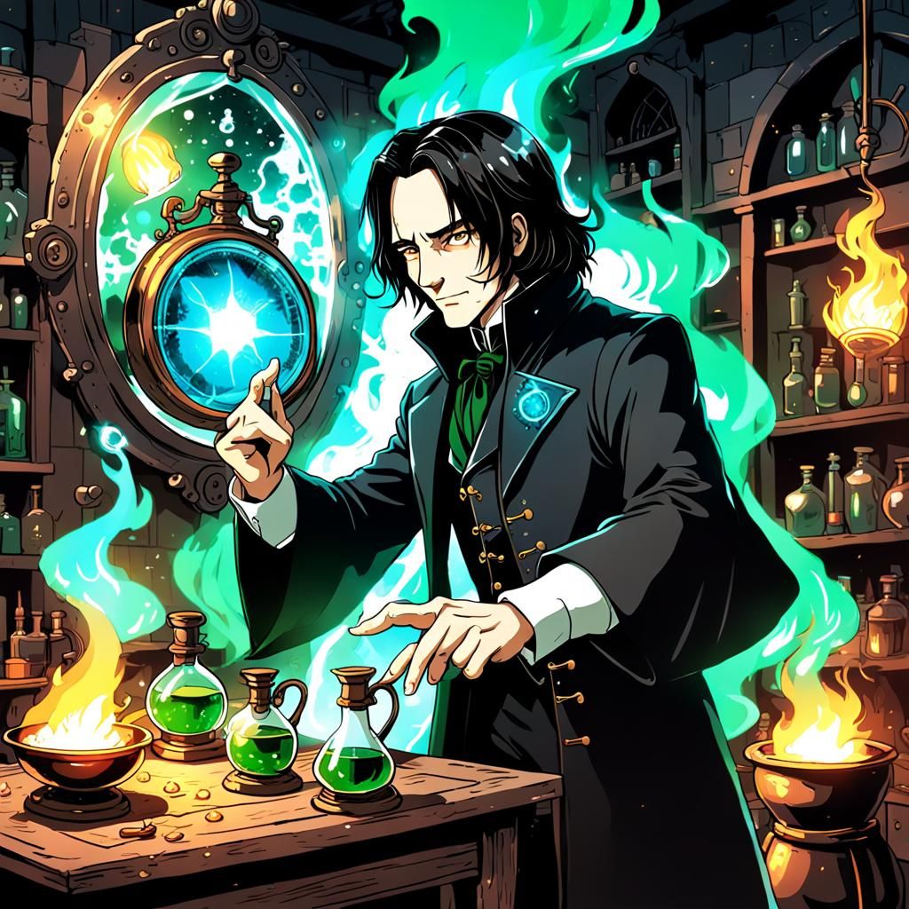 Steampunk Snape with a magical mirror in his alchemy classroom burning ingredients for potions. Masterpiece, Best Qualit...