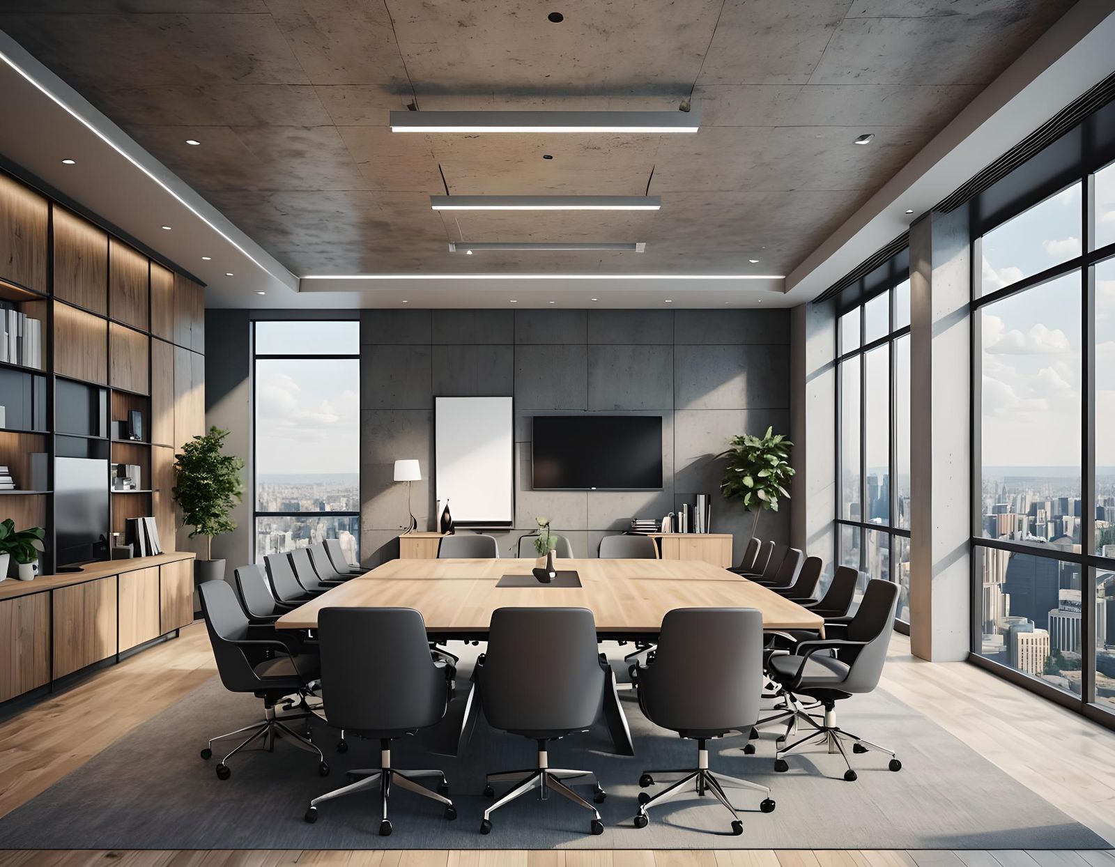 Sleek Modern Conference Room with City View in 3D