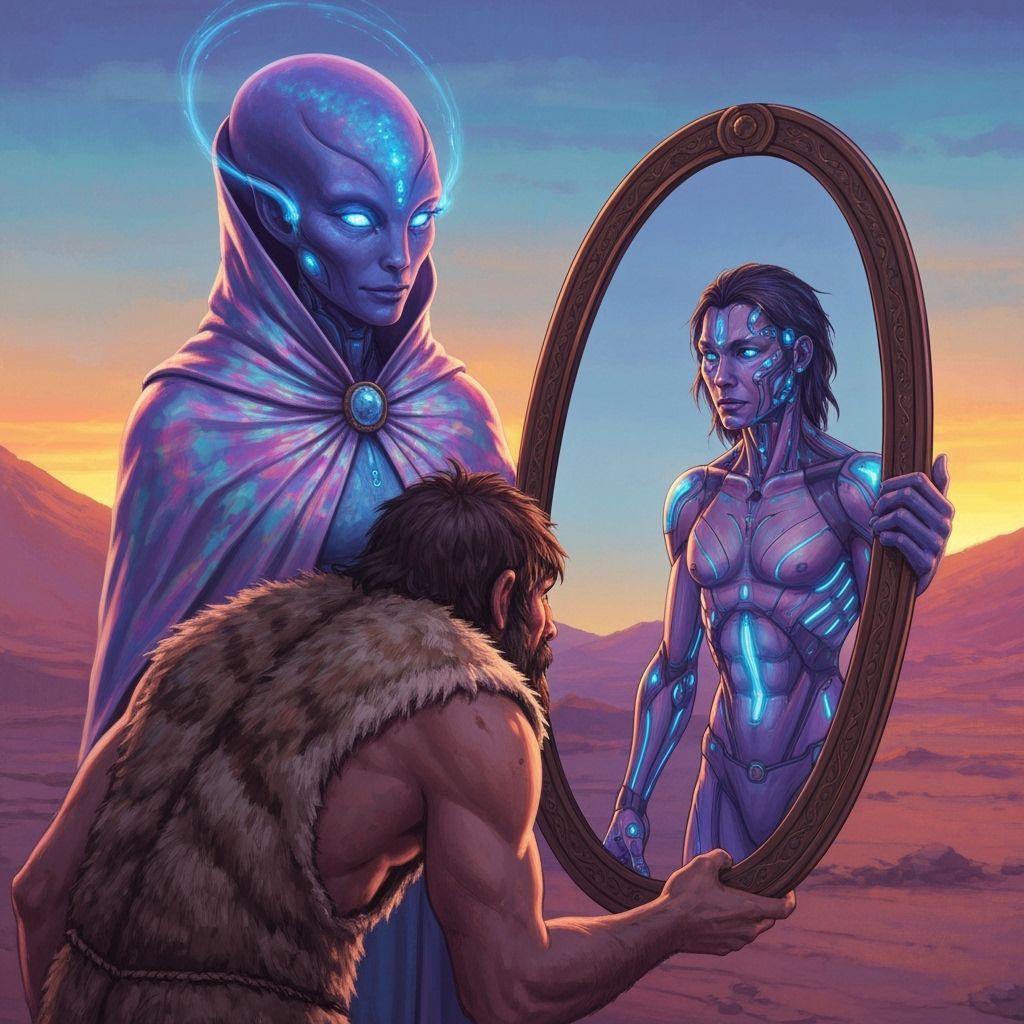 Alien Shows Neanderthal Future Human Reflection in Mirror