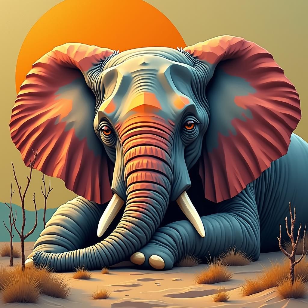 Sad Elephant in Cubist Desert Landscape
