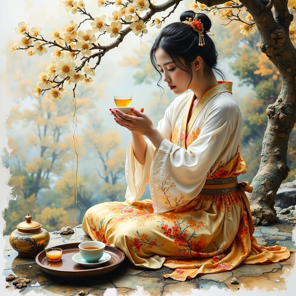 Ethereal Priestess in Whimsical Watercolor Tea Ceremony