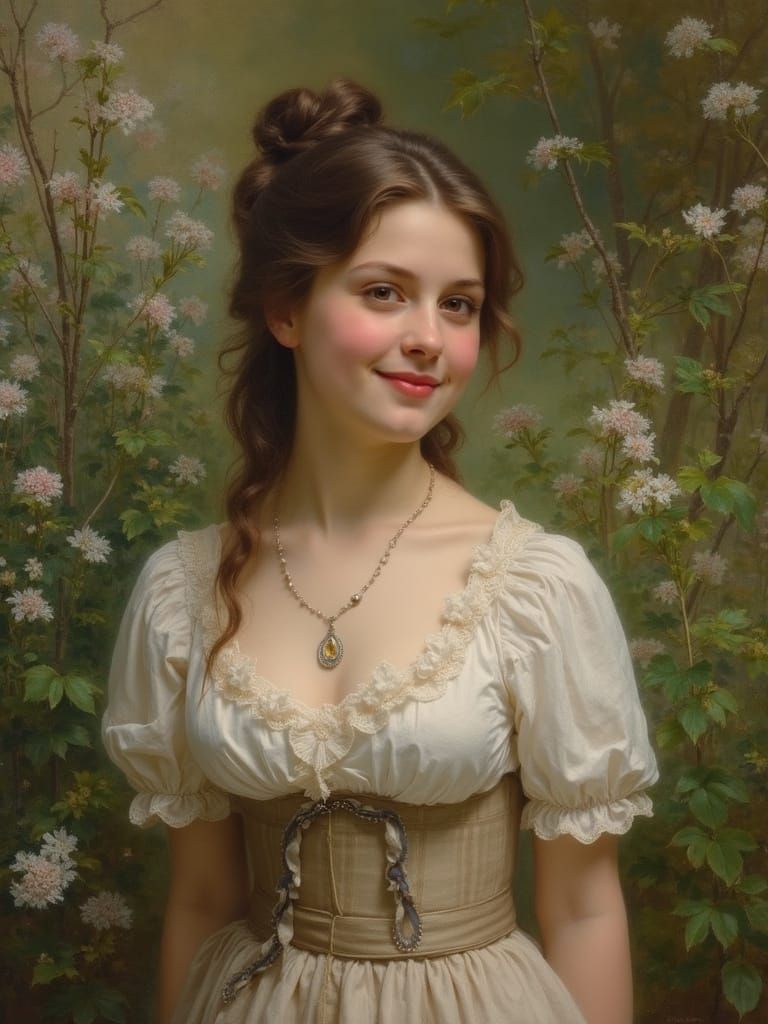 Elegant Victorian Lady in Garden, Oil Painting Style