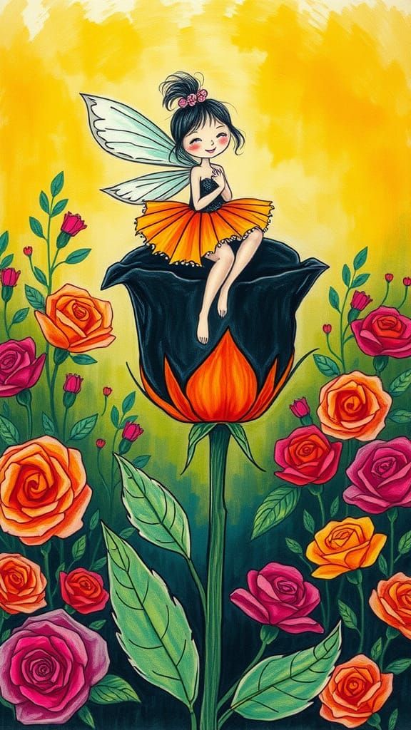 Whimsical Fairy on Halloween Rose, Childlike Crayon Drawing