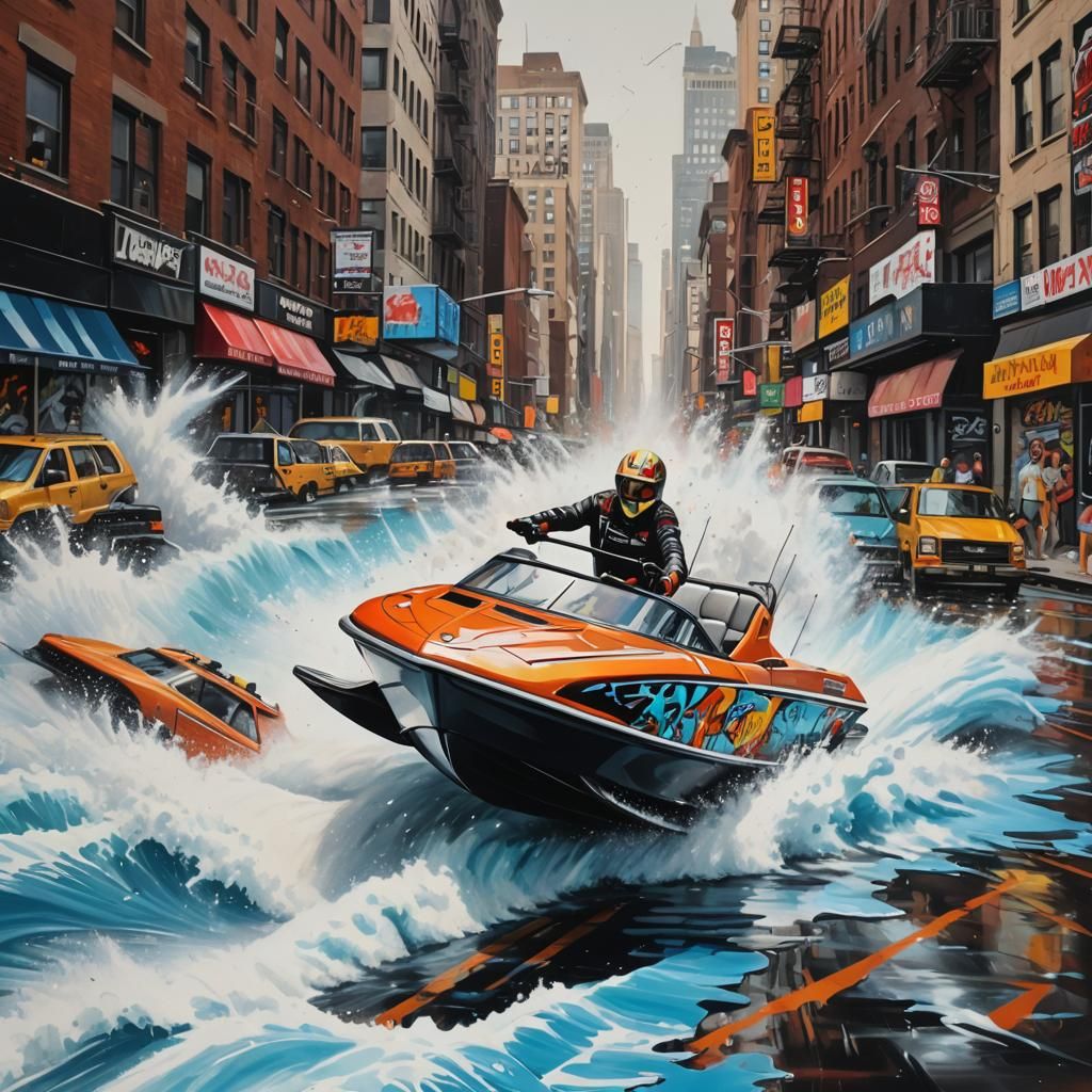 Flooded New York: Speedboat Adventure in Graffiti Art Style