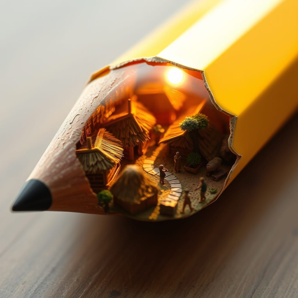 Miniature Village Diorama Inside Yellow Pencil, Photo Realis...