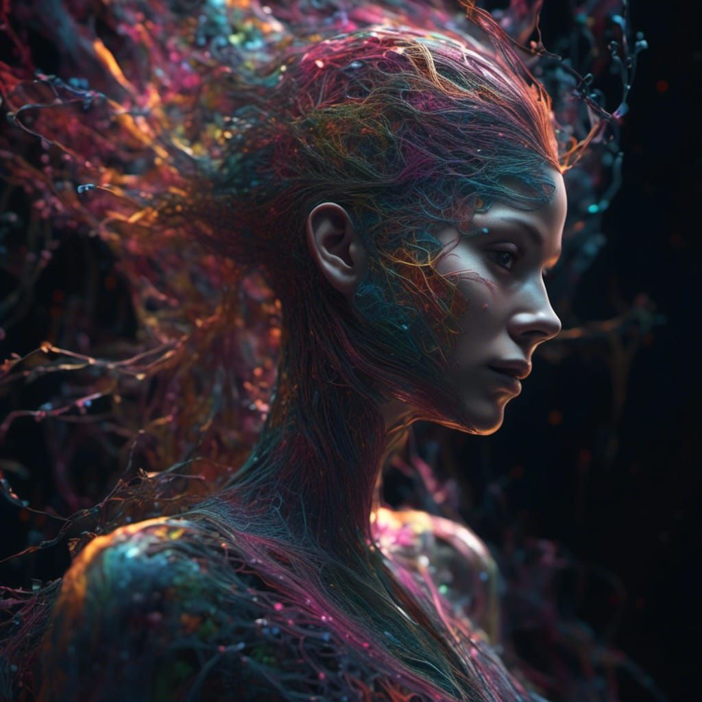 Quantum Entanglement Woman in Fractal Mist