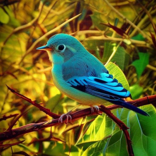 Bird Trapped in Thorns, Mystical Forest, Hyperrealistic Art