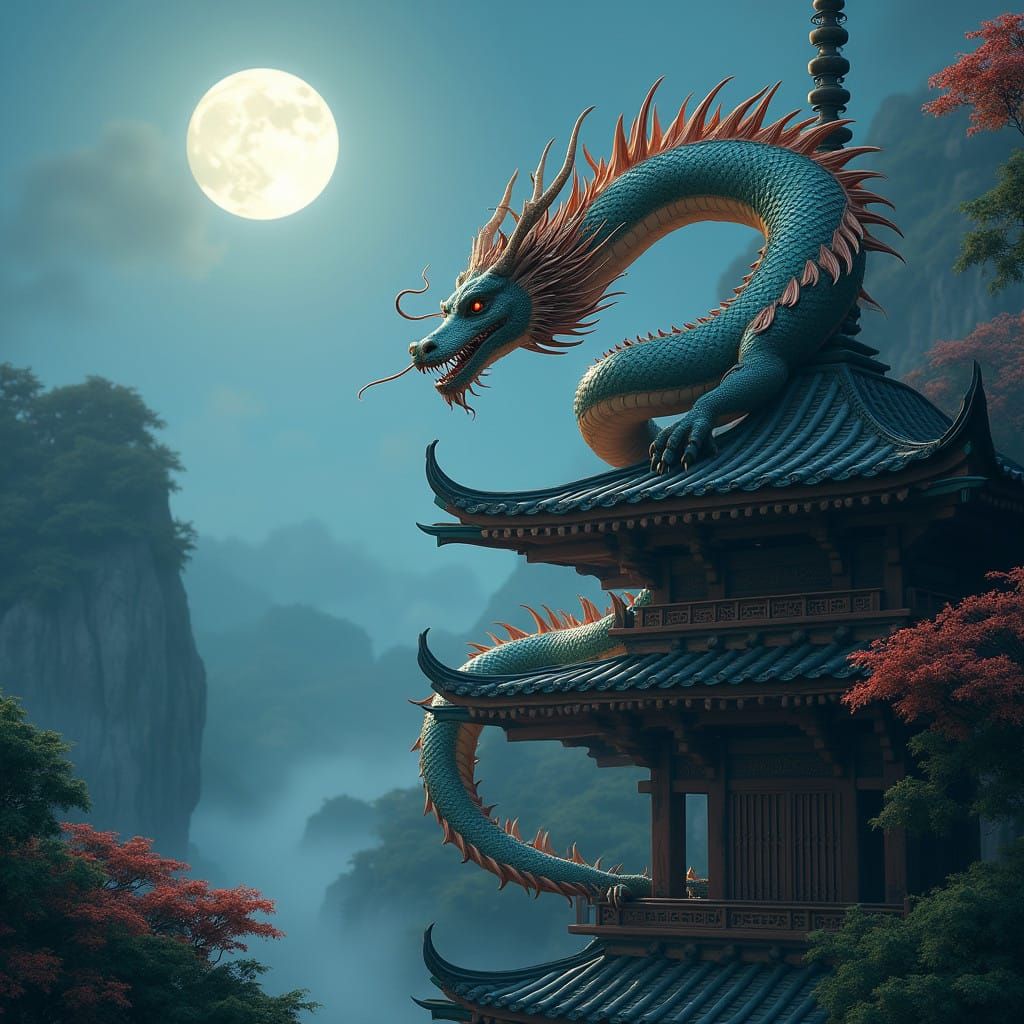 Mystical Oriental Dragon Amidst Moonlit Japanese Landscape