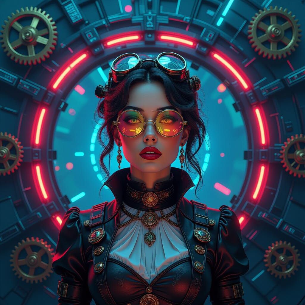 Steampunk Woman with Blown Mind in Expressionist Style