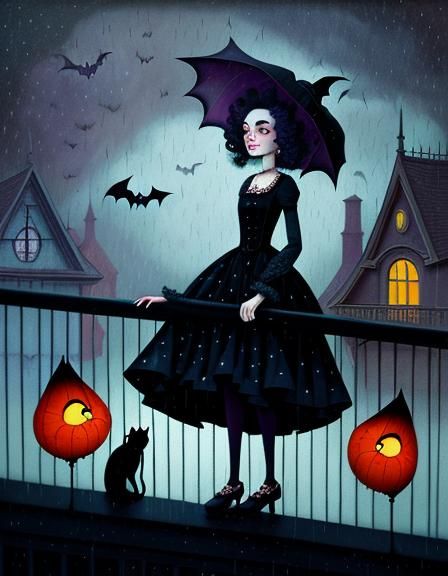 Pop Surrealist Girl with Bat and Cat Illustration