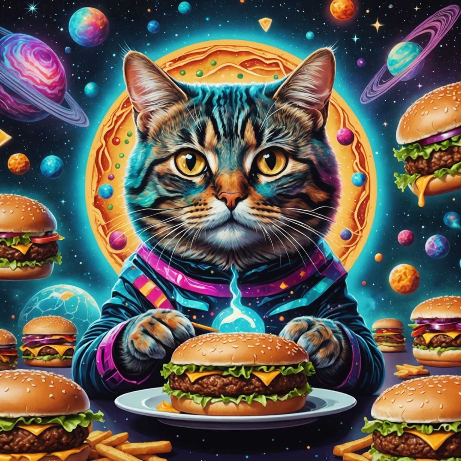 Cat Eating Hamburger: Pablo Amaringo Style Illustration