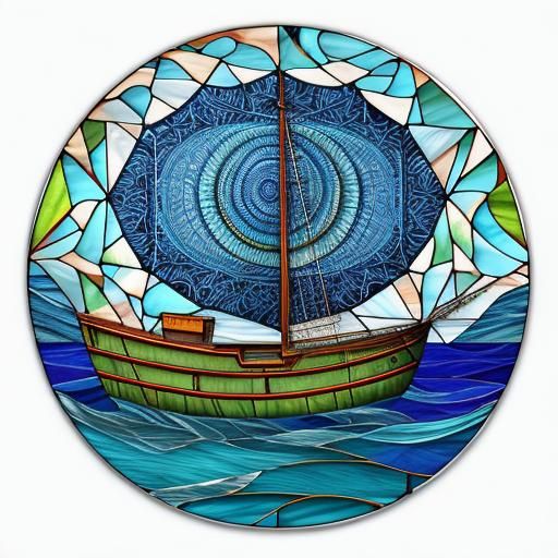 Stained Glass Fishing Boat with Abstract Fractals