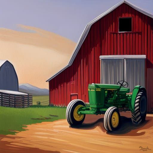 Vintage John Deere Tractor on Farm, Hyperrealistic Style