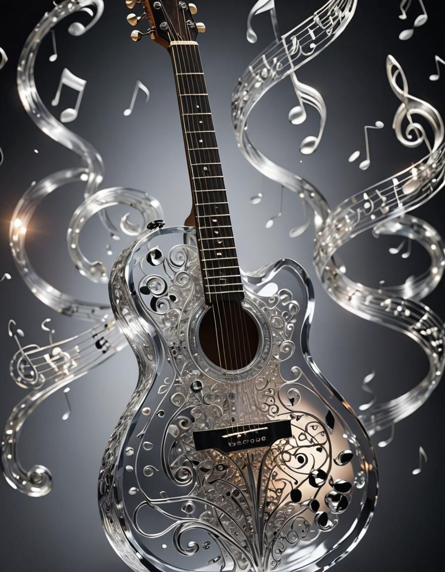 Glass Guitar with Silver Swirls and Music Notes